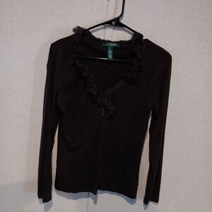 Lauren Ralph Lauren Shirt Womens Small Brown  Long Sleeve Ruffle Neck